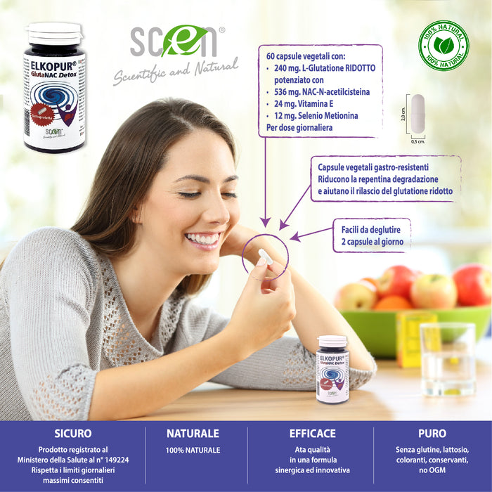 Elkopur® GlutaNAC Detox Forte - Integratore alimentare di L-Glutatione ridotto, N-Acetilcisteina (NAC), Vitamina E, Selenio, L-Glicina in Capsule gastroresistenti vegetali, prodotto in Italia