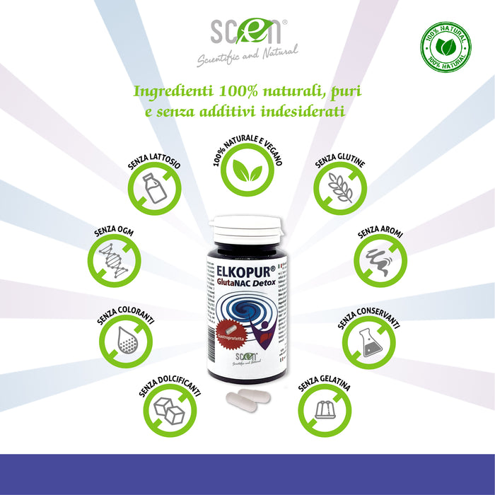 Elkopur® GlutaNAC Detox Forte - Integratore alimentare di L-Glutatione ridotto, N-Acetilcisteina (NAC), Vitamina E, Selenio, L-Glicina in Capsule gastroresistenti vegetali, prodotto in Italia