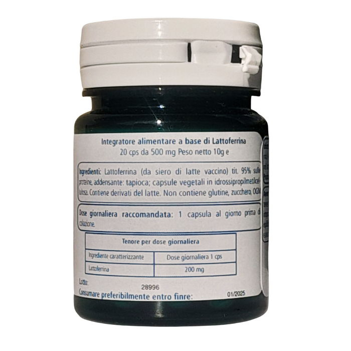 Elkopur Immune Lattoferrina pura, capsule da 500 mg. contenenti 200 mg. di Lattoferrina titolata 95%. NON utilizza caglio animale - vegetarian ok | Rinforza il sistema immunitario | Antiossidante, prodotto in Italia